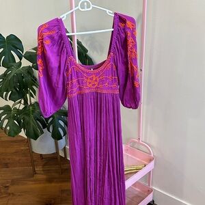 Free People Fuchsia Maxi Dress with Orange Embroidery